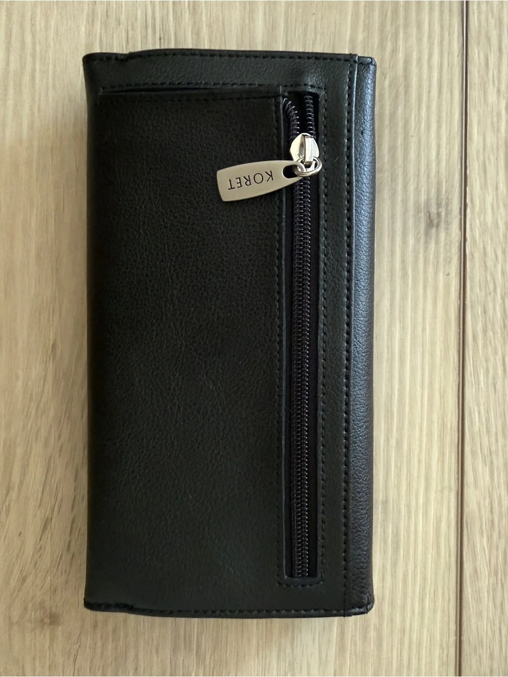 Koret Black Leather Long Flap Wallet with Branded Metal Accent